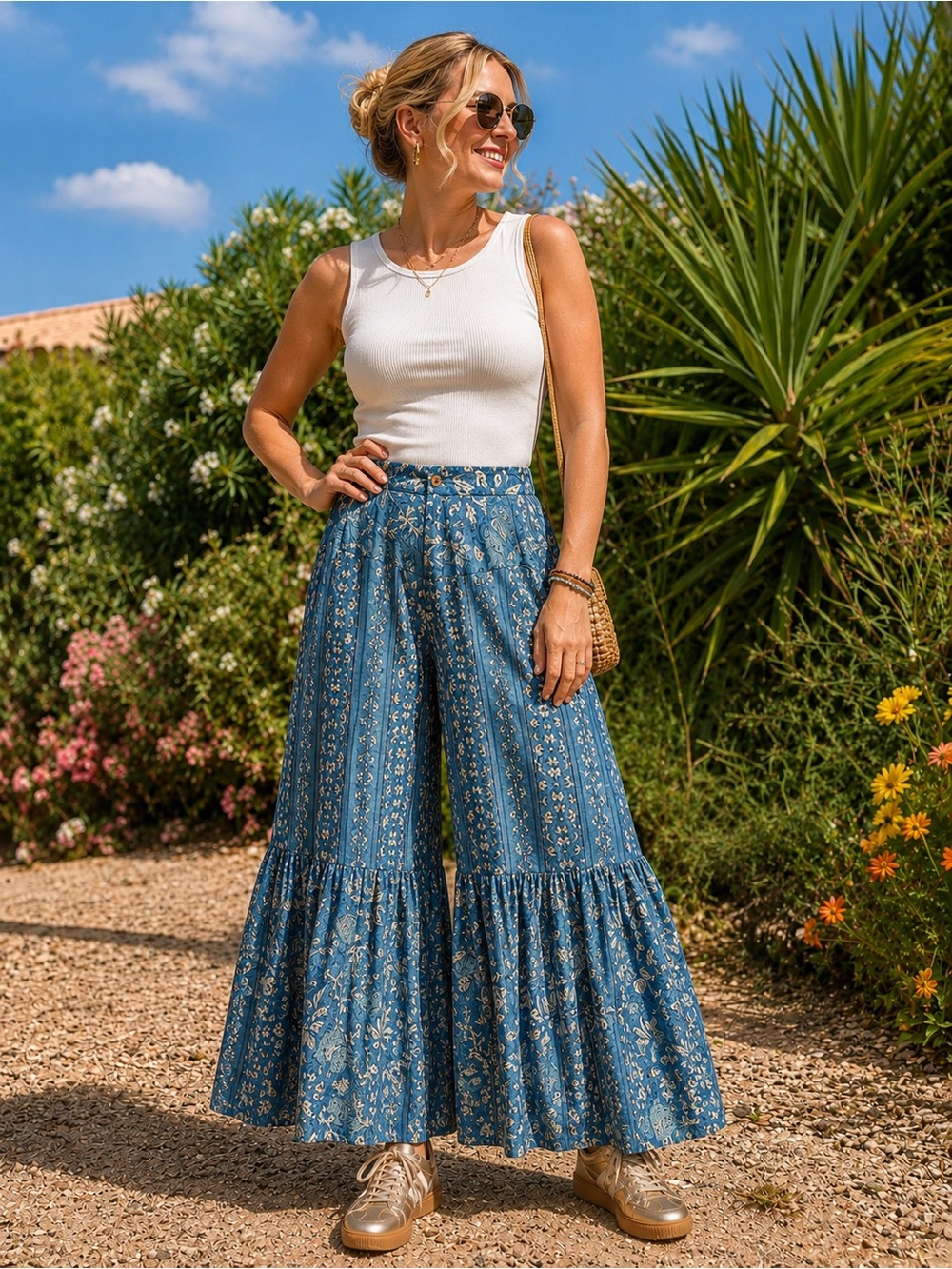 Lindia Designs Blue Floral Tiered Pull on Boho Pants